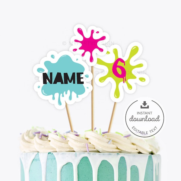 Slime Party Cake Toppers, Slime Birthday Cake Decor, Name and Age Centerpiece for Boy or Girl - INSTANT DOWNLOAD - Printable PDF