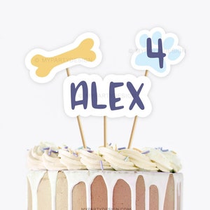 Puppy Cake Topper, Blue Dog Party Printables, Dog Birthday Pawty Cake Decor for Boy - INSTANT DOWNLOAD - Printable PDF with Editable Text