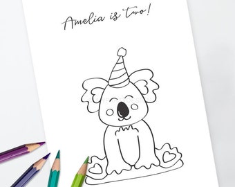 Koala Party Coloring Page, Australian Party Activity, Koala Birthday Coloring Sheet - INSTANT DOWNLOAD - Printable PDF with Editable Text