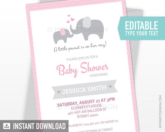 Elephant Baby Shower Invitation - Elephant Party - Girl Baby Shower - INSTANT DOWNLOAD - Printable PDF with Editable Text Il_570xn