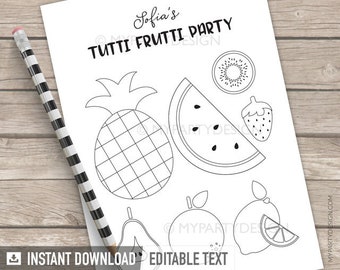 Twotti Frutti Party Coloring Page, Tutti Frutti Printable, Summer Fruit Birthday Activity - INSTANT DOWNLOAD - Printable Editable Text PDF