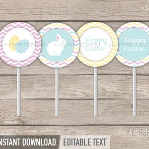 Easter Cupcake Toppers, Easter Bunny Party Decorations, Customizable 2 Circles INSTANT DOWNLOAD Printable PDF with Editable Text image 2