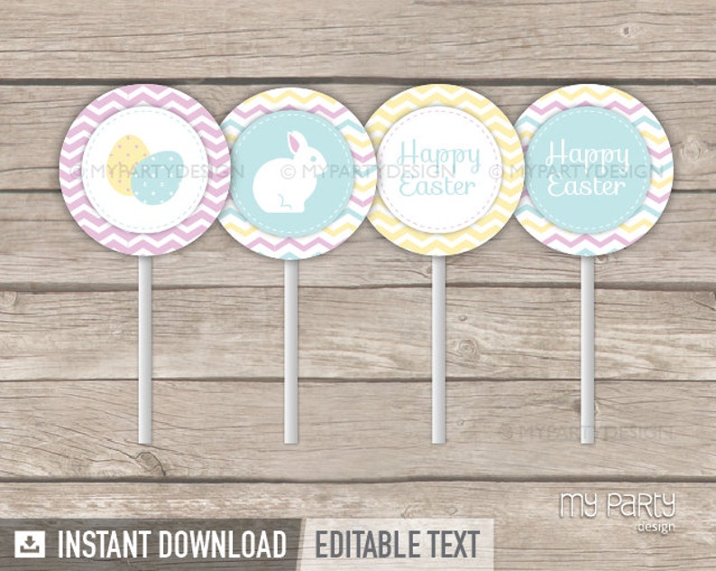 Easter Cupcake Toppers, Easter Bunny Party Decorations, Customizable 2 Circles INSTANT DOWNLOAD Printable PDF with Editable Text image 2