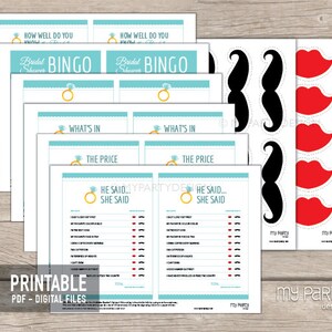 May include: Printable bridal shower game set with blue and white cards featuring a ring design. The set includes "How Well Do You Know the Bride?" Bingo cards, "What's In the Bridal Shower Gift Bag?" cards, "The Price is Right" cards, and "He Said, She Said" cards. The set also includes printable mustache and lips props.