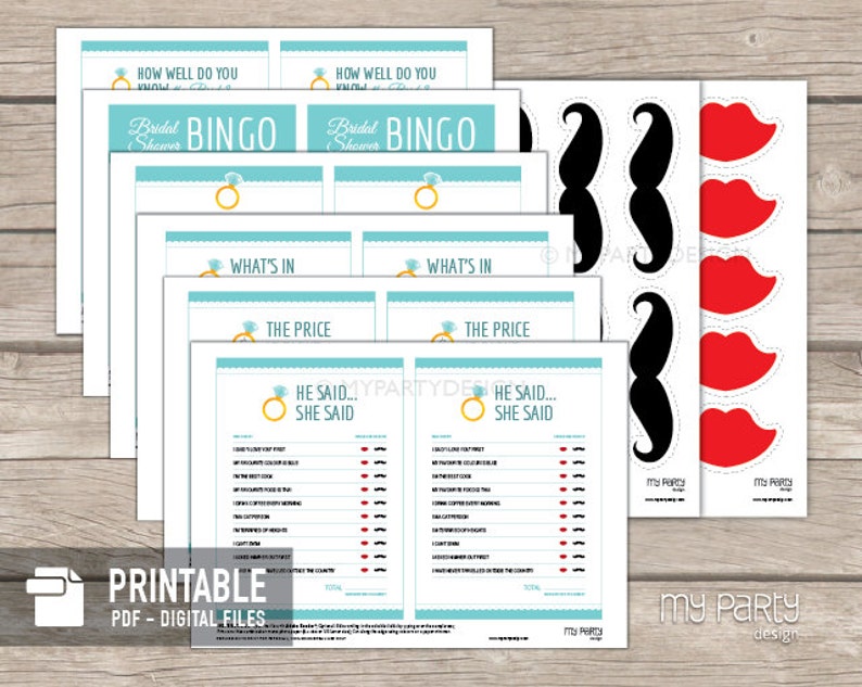 May include: Printable bridal shower game set with blue and white cards featuring a ring design. The set includes "How Well Do You Know the Bride?" Bingo cards, "What's In the Bridal Shower Gift Bag?" cards, "The Price is Right" cards, and "He Said, She Said" cards. The set also includes printable mustache and lips props.