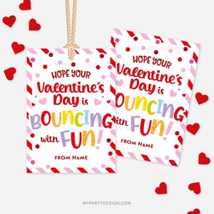 May include: Two Valentine's Day gift tags with the text "Hope Your Valentine's Day is Bouncing with Fun!" in colorful letters. The tags have a white background with red and pink accents, and are tied with a natural twine.
