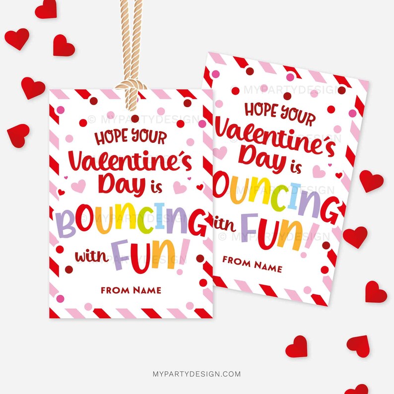 May include: Two Valentine's Day gift tags with the text "Hope Your Valentine's Day is Bouncing with Fun!" in colorful letters. The tags have a white background with red and pink accents, and are tied with a natural twine.