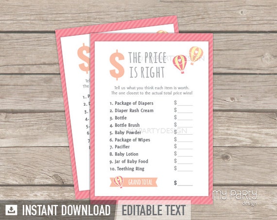 The Price is Right Game - Hot Air Balloon Girl Baby Shower Game - INSTANT DOWNLOAD - Printable PDF with Editable Text Il_570xn