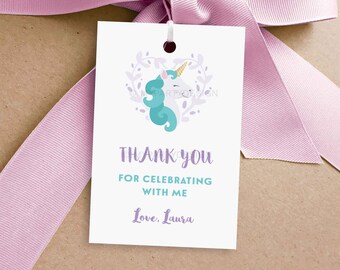 Unicorn Favor Tags, Unicorn Birthday Decorations, Party Thank you Tags, Pastel Purple - INSTANT DOWNLOAD - Printable PDF with Editable Text