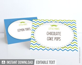 Little Man Food Labels, Mustache Birthday Party, Place Cards, Tent Labels, Boy Birthday Decor - INSTANT DOWNLOAD - Printable Editable PDF