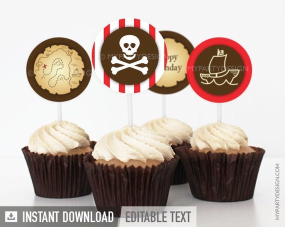 Pirate Cupcake Toppers, Pirate Party Decorations, Pirate Birthday Party Decor - INSTANT DOWNLOAD - Printable PDF with Editable Text Il_570xn