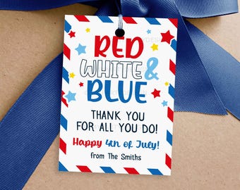 Rot, weiß und blau 4. Juli Wertschätzung Geschenkanhänger, Unabhängigkeitstag Danke für alles, was du tust - INSTANT DOWNLOAD - Printable editable PDF