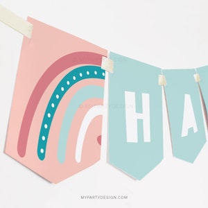 Boho Regenbogen Geburtstagsbanner, Regenbogen Party Wimpelkette, Boho Printables, Geburtstagsdekoration - SOFORTIGER DOWNLOAD - Druckbare bearbeitbare PDF