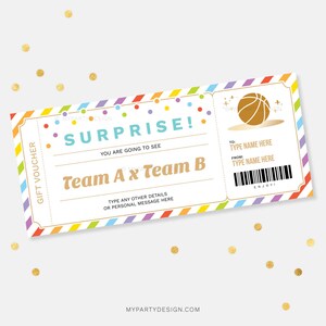 Modèle de bon-cadeau de basket-ball surprise, carte-cadeau pour un match de sport, coupon d'expérience d'anniversaire - TÉLÉCHARGEMENT IMMÉDIAT - PDF modifiable imprimable