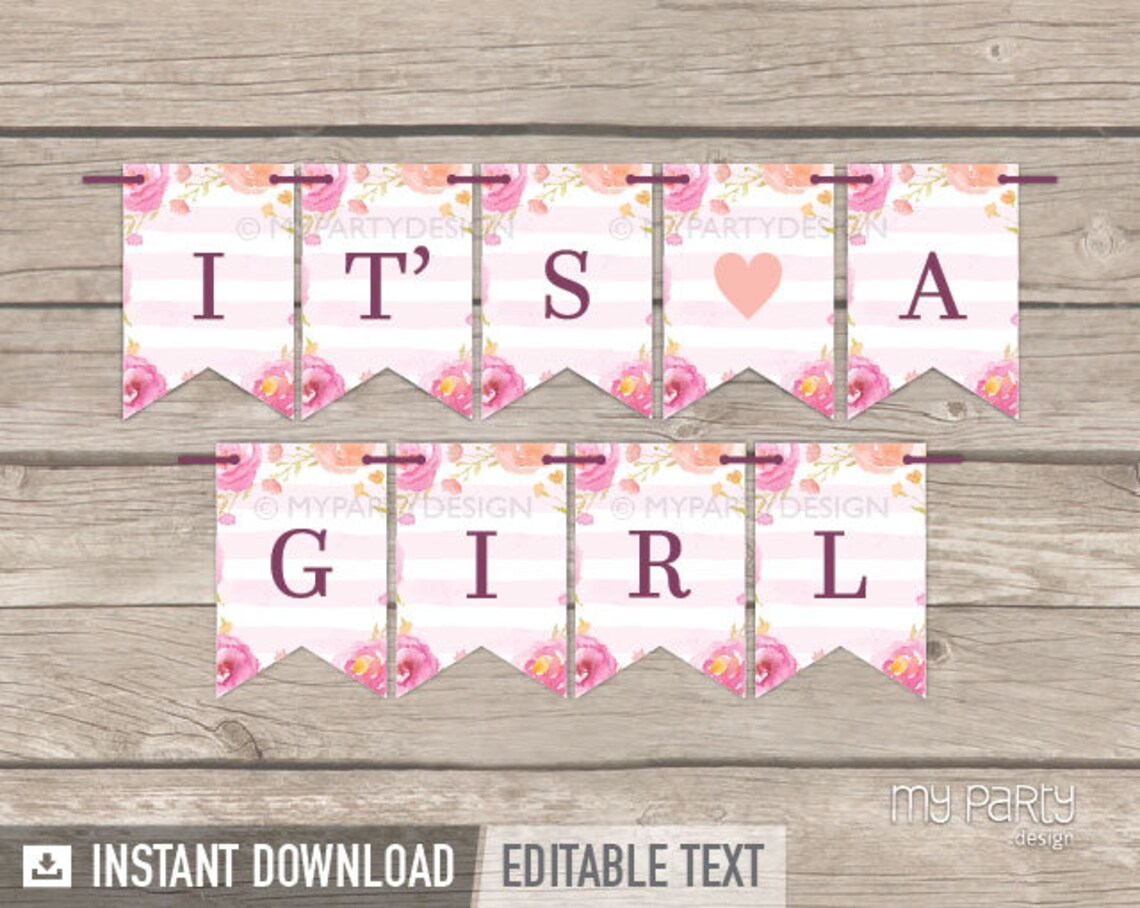 Floral Baby Shower Banner It's a Girl Bunting Floral Etsy