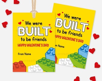 Building Blocks Valentine's Day Tag, Kids Valentine Cards for Class, Built to be Friends Label - INSTANT DOWNLOAD - Printable Editable PDF