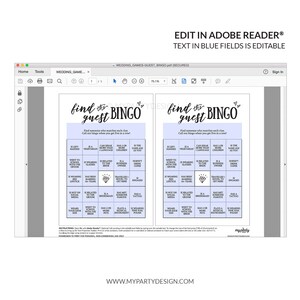 May include: Two printable wedding bingo cards with a light blue background and black text. The cards have a diamond in the center and are titled "Find the Guest Bingo".