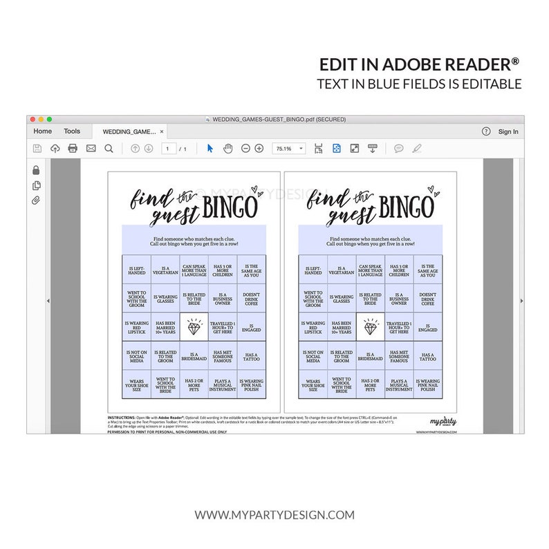 May include: Two printable wedding bingo cards with a light blue background and black text. The cards have a diamond in the center and are titled "Find the Guest Bingo".