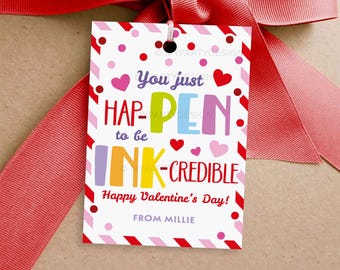 Ink Pen Valentines Gift Tags, HaPEN INKcredible Marker Valentine's Day Teacher or Class Gifts - INSTANT DOWNLOAD - Printable Editable PDF