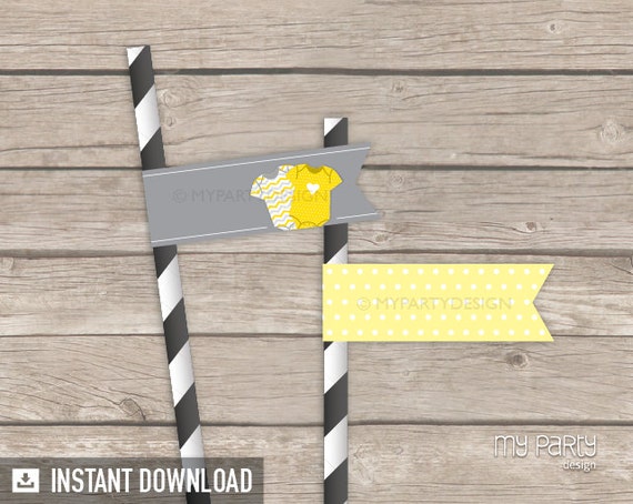 Yellow Baby Shower, bodysuit theme - Straw Flags - Baby Shower Party - INSTANT DOWNLOAD - Printable PDF Il_570xn
