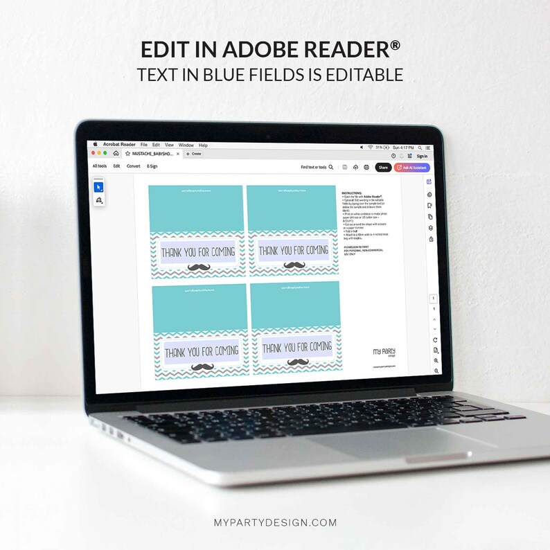 Puede incluir: Una computadora port&aacute;til muestra un dise&ntilde;o imprimible con el texto "THANK YOU FOR COMING" y un gr&aacute;fico de bigote. El dise&ntilde;o presenta un fondo azul claro con un patr&oacute;n de chevr&oacute;n blanco y es editable en Adobe Reader.