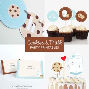 Cookies and Milk Birthday Decorations, Milk and Cookies Birthday Party Pack, First Birthday Kit - INSTANT DOWNLOAD - Printable Editable PDF
