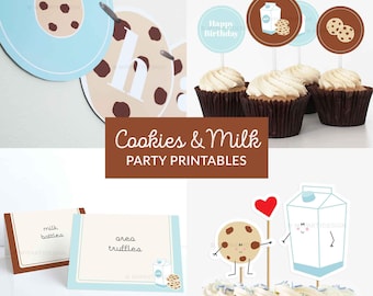 Cookies and Milk Birthday Decorations, Milk and Cookies Birthday Party Pack, First Birthday Kit - INSTANT DOWNLOAD - Printable Editable PDF