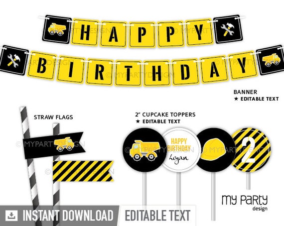 Construction Party Pack - Truck Party - Boy Birthday Party - INSTANT DOWNLOAD - Printable PDF with Editable Text Il_570xn