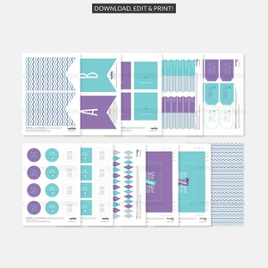K&ouml;nnte beinhalten: Druckbare PDF-Dateien mit verschiedenen Designs in T&uuml;rkis, Lila und Wei&szlig;. Enth&auml;lt Bannerformen, Etiketten und gemusterte Hintergr&uuml;nde. Text lautet "PRINTABLE PDF FILES" und "DOWNLOAD, EDIT & PRINT!"