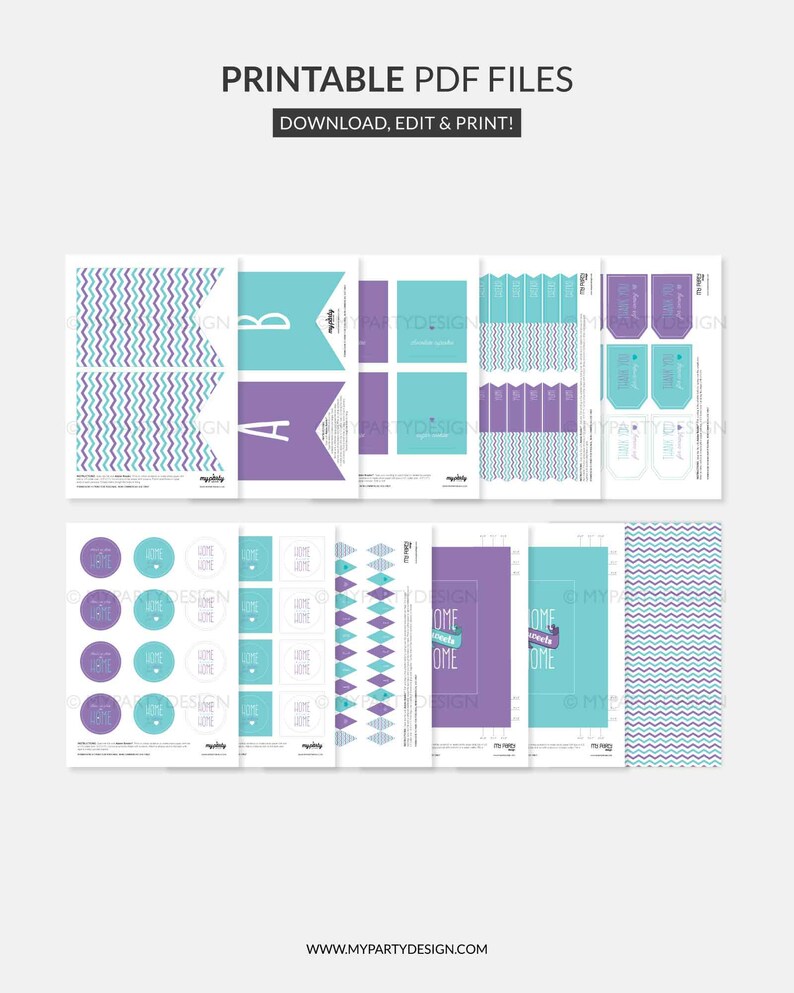 K&ouml;nnte beinhalten: Druckbare PDF-Dateien mit verschiedenen Designs in T&uuml;rkis, Lila und Wei&szlig;. Enth&auml;lt Bannerformen, Etiketten und gemusterte Hintergr&uuml;nde. Text lautet "PRINTABLE PDF FILES" und "DOWNLOAD, EDIT & PRINT!"
