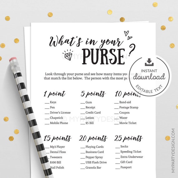 Printable Baby Shower Purse Scavenger Hunt Party Game — Print Games Now