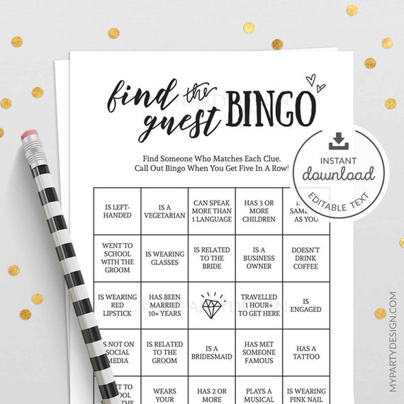 Find the Guest Bingo, Bachelorette or Bridal Shower Game, Wedding Icebreaker, Virtual Hens Party - INSTANT DOWNLOAD - Printable Editable PDF