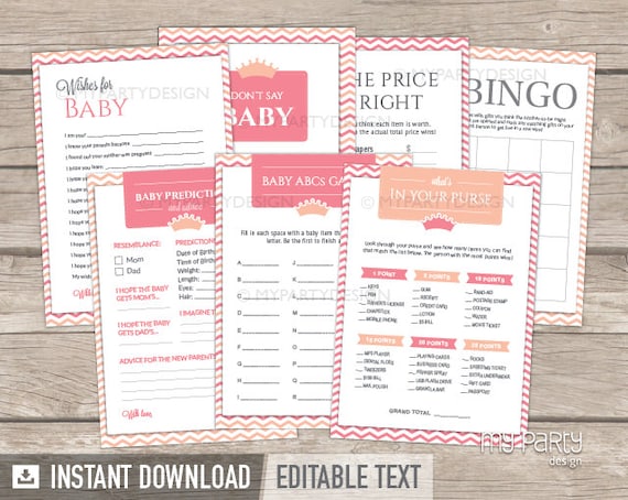 Little Princess Baby Shower Games Pack - Pink Peach Grey - INSTANT DOWNLOAD - Printable PDF with Editable Text Il_570xn