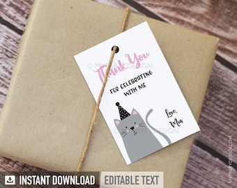 Cat Thank You Tags, Cat Party Favor Tags, Kitty Cat Birthday Labels, Kitten Pawty - INSTANT DOWNLOAD - Printable PDF with Editable Text