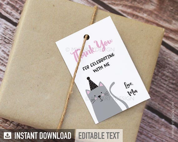 Cat Thank You Tags, Cat Party Favor Tags, Kitty Cat Birthday Labels, Kitten Pawty - INSTANT DOWNLOAD - Printable PDF with Editable Text Il_570xn