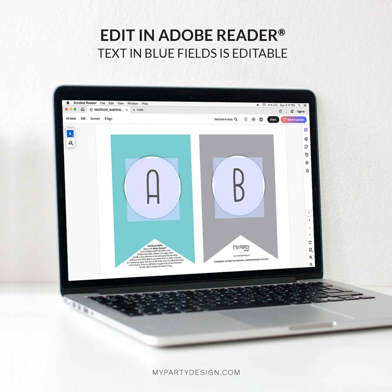 Puede incluir: Un port&aacute;til que muestra una plantilla de banner con las letras "A" y "B" dentro de c&iacute;rculos azul claro. La pancarta est&aacute; sobre un fondo turquesa y gris. El texto "EDIT IN ADOBE READER&reg; TEXT IN BLUE FIELDS IS EDITABLE" est&aacute; en la parte superior.