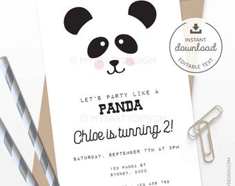 May include: A black and white panda bear illustration with pink cheeks on a white background. The text "Let's party like a panda" and "Chloe is turning 2!" is printed below the panda. The text "Saturday, September 7th at 3pm" is printed below the text "Chloe is turning 2!". The text "123 Panda St, Sydney, 2000" is printed below the date. The text "RSVP to Mary - 123 456 789" is printed below the address. This is a printable birthday party invitation.