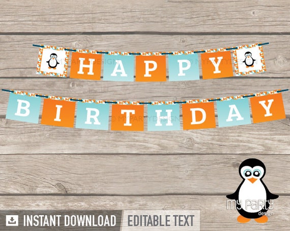 Penguin Party - Happy Birthday Banner - Geometric - INSTANT DOWNLOAD - Printable PDF with Editable Text Il_570xn