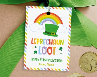 Leprechaun Loot Label, St Patrick's Day Tag, Kids Rainbow Cards for Friends or Classroom Gifts - INSTANT DOWNLOAD - Printable Editable PDF