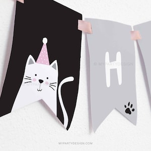 Cat Birthday Banner, Kitty Cat Party Decorations, Kitten Birthday Bunting - INSTANT DOWNLOAD - Printable PDF with Editable Text
