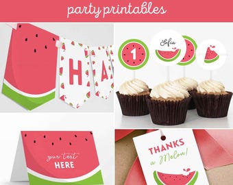 Watermelon Birthday Decorations, One in a Melon Party Pack, Summer Girl First Birthday Decor Kit - INSTANT DOWNLOAD - Printable Editable PDF