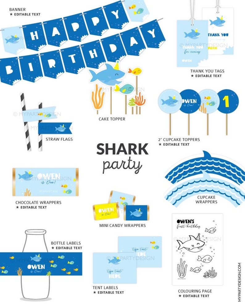 Shark Birthday Decorations, Shark Party Pack, Under the Sea Party Decor Kit for boy or girl INSTANT DOWNLOAD Printable Editable PDF image 3