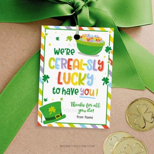 Etiqueta para el día de San Patricio con la frase "Qué suerte tengo de tenerte", etiqueta de regalo para amigos con la frase "Cereales de San Patricio" - DESCARGA INSTANTÁNEA - PDF editable e imprimible