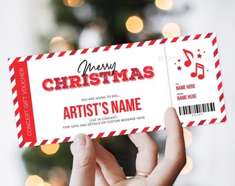 May include: A concert gift voucher with a red and white striped border and the words "Merry Christmas" in red. The voucher includes space for the artist's name, date, and a custom message. Musical notes and stars are on the right.