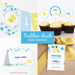 Rubber Duck Baby Shower Decorations, Rubber Ducky Party Pack, Gender Neutral Yellow Blue - INSTANT DOWNLOAD - Printable Editable PDF image 1