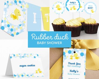 Rubber Duck Baby Shower Decorations, Rubber Ducky Party Pack, Gender Neutral Yellow Blue - INSTANT DOWNLOAD - Printable Editable PDF