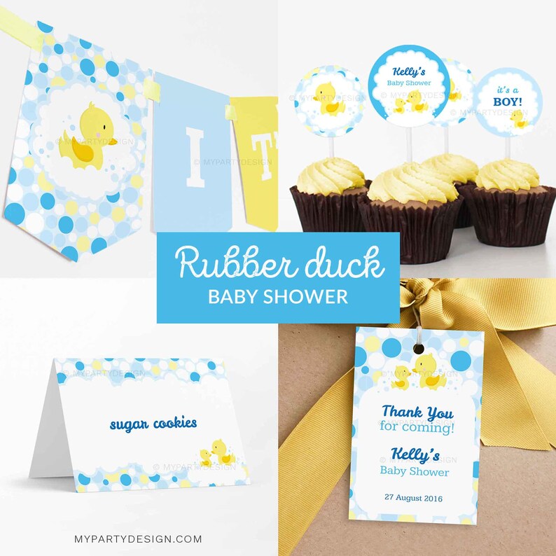 Rubber Duck Baby Shower Decorations, Rubber Ducky Party Pack, Gender Neutral Yellow Blue - INSTANT DOWNLOAD - Printable Editable PDF image 1