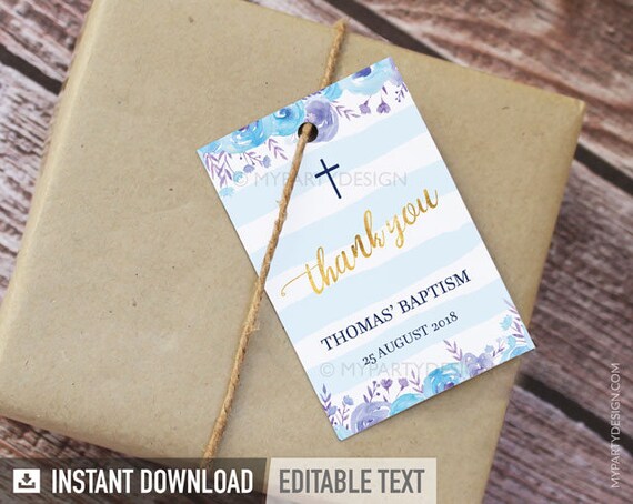 Baptism Favor Tags, Christening Thank You Labels, Boy, Blue Floral Watercolor - INSTANT DOWNLOAD - Printable PDF with Editable Text (BT02) Il_570xn