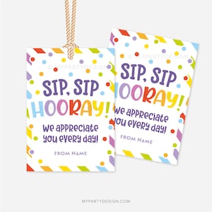 Sip Sip Hooray Appreciation Tag, Drink Straw Mug Gift Label for ...
