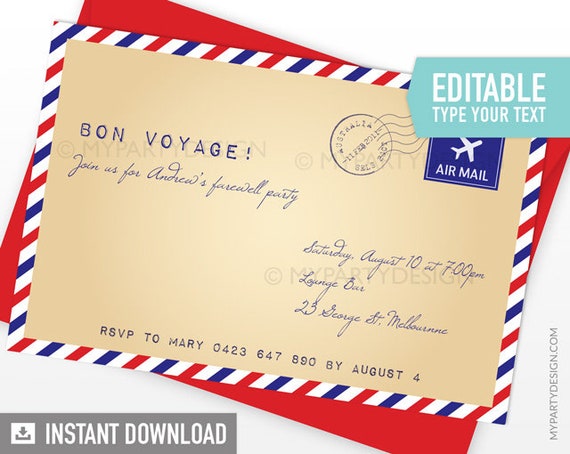 Travel Party Invitation - Farewell Party Invite - Vintage Red and Blue - INSTANT DOWNLOAD - Printable PDF with Editable Text Il_570xn